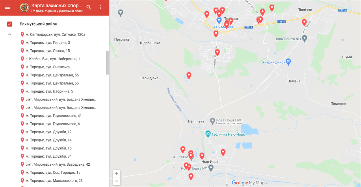 Карта захисних споруд цивільного захисту у Донецькій області (Бахмутський район)