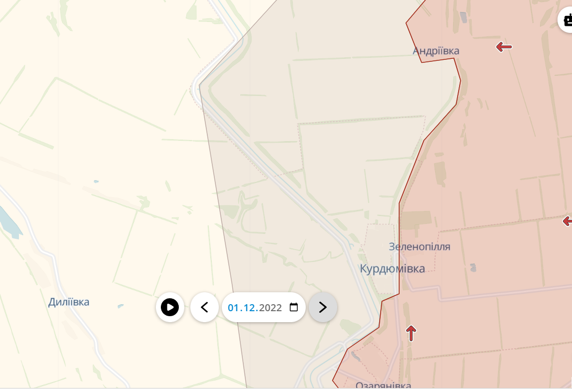 Карта ділянки фронту між Бахмутом та Торецьком