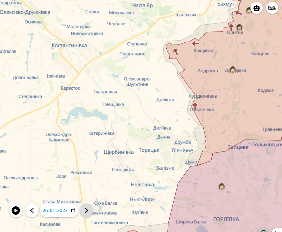 Лінія фронту на Донеччині станом на 26.01.2023