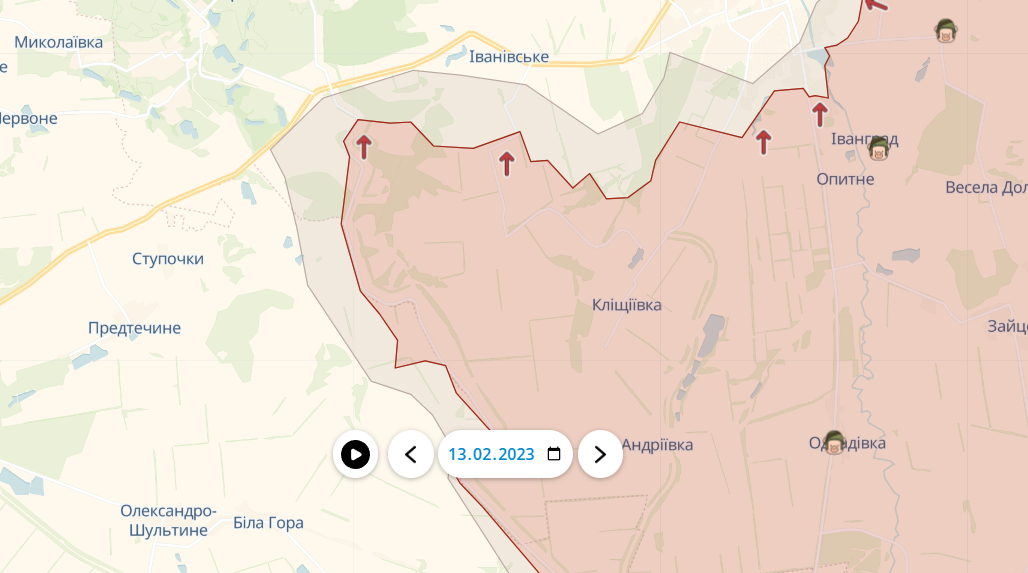 Лінія фронту між Бахмутом та Торецьком станом на ранок 13 лютого 2023
