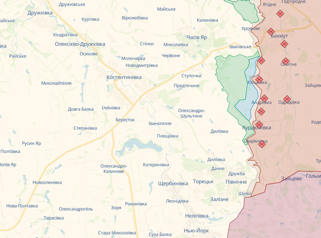 Карта бойових дій біля Бахмута станом на 9 серпня