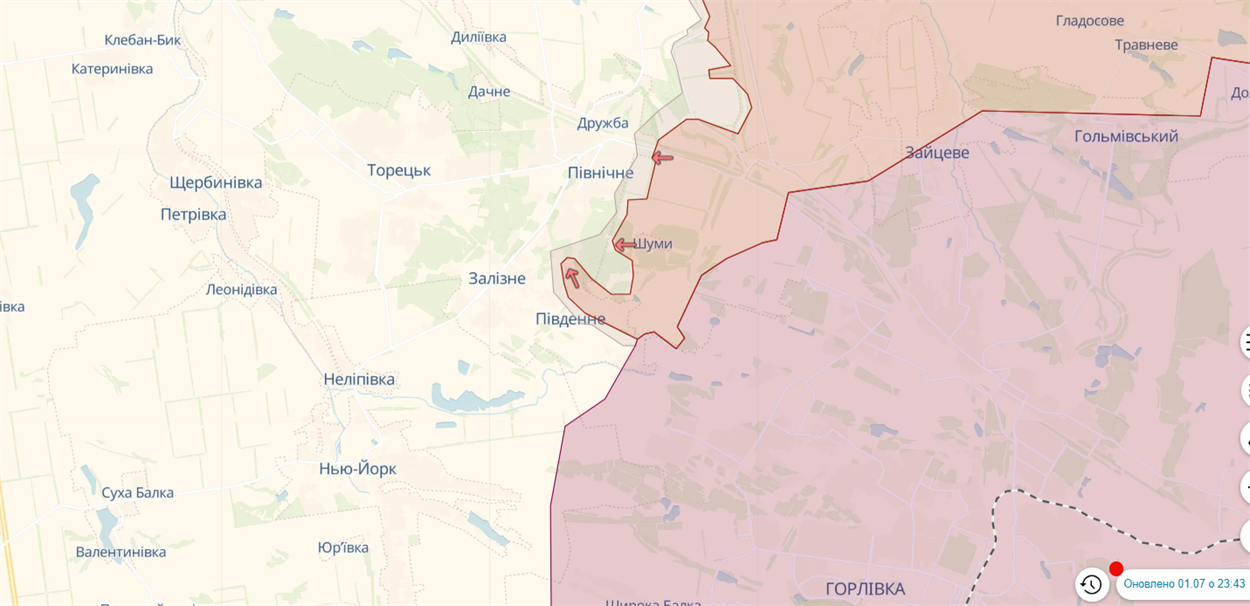Карта бойових дій в Торецькій громаді станом на 1 липня 2024 року