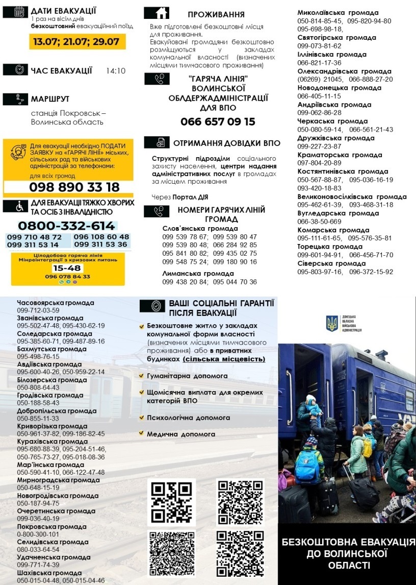 21 липня відбудеться евакуація людей з громад Донеччини безкоштовним потягом у Волинську область, 18.07.2024